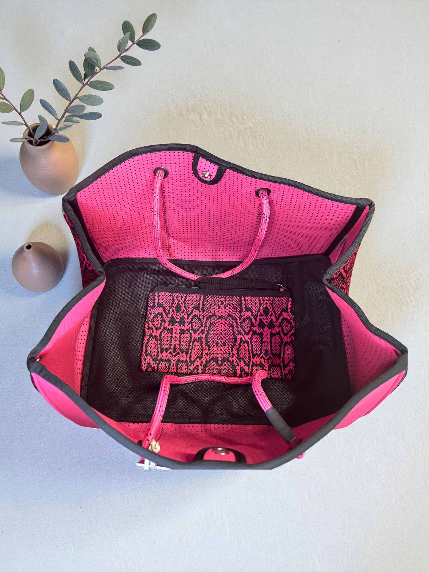 Neoprene Tote Bag: Hot Pink Snake Print Edition