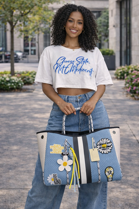 "Choose Style, Not Mediocrity" (White and Blue) Crop Top