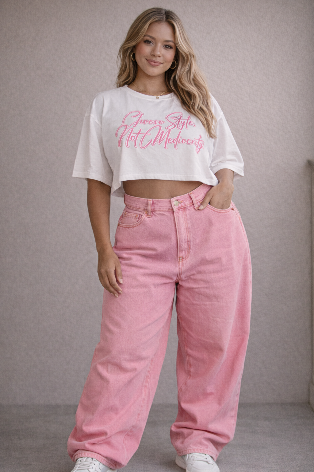 "Choose Style, Not Mediocrity" (White and Pink) Crop Top