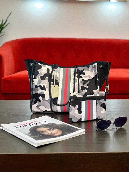 Neoprene Tote Bag: Black Camo with Red Stripe