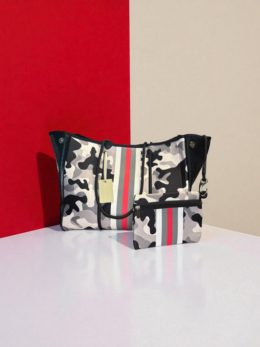 Neoprene Tote Bag: Black Camo with Red Stripe