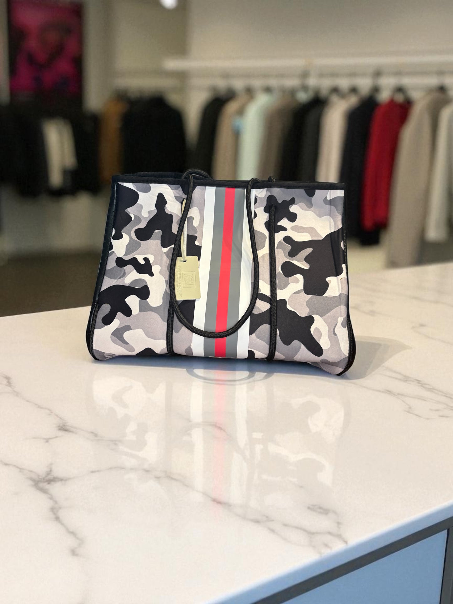 Neoprene Tote Bag: Black Camo with Red Stripe