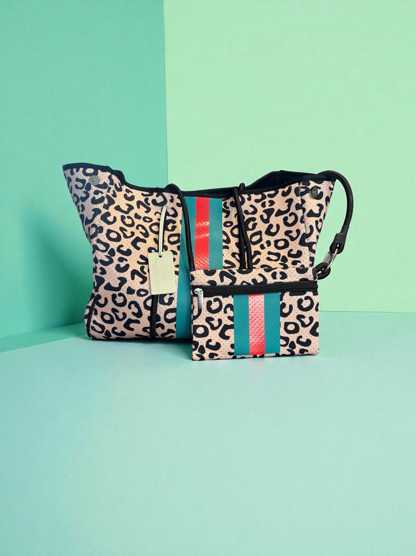 Neoprene Tote Bage: Leopard with Red and Green stripe