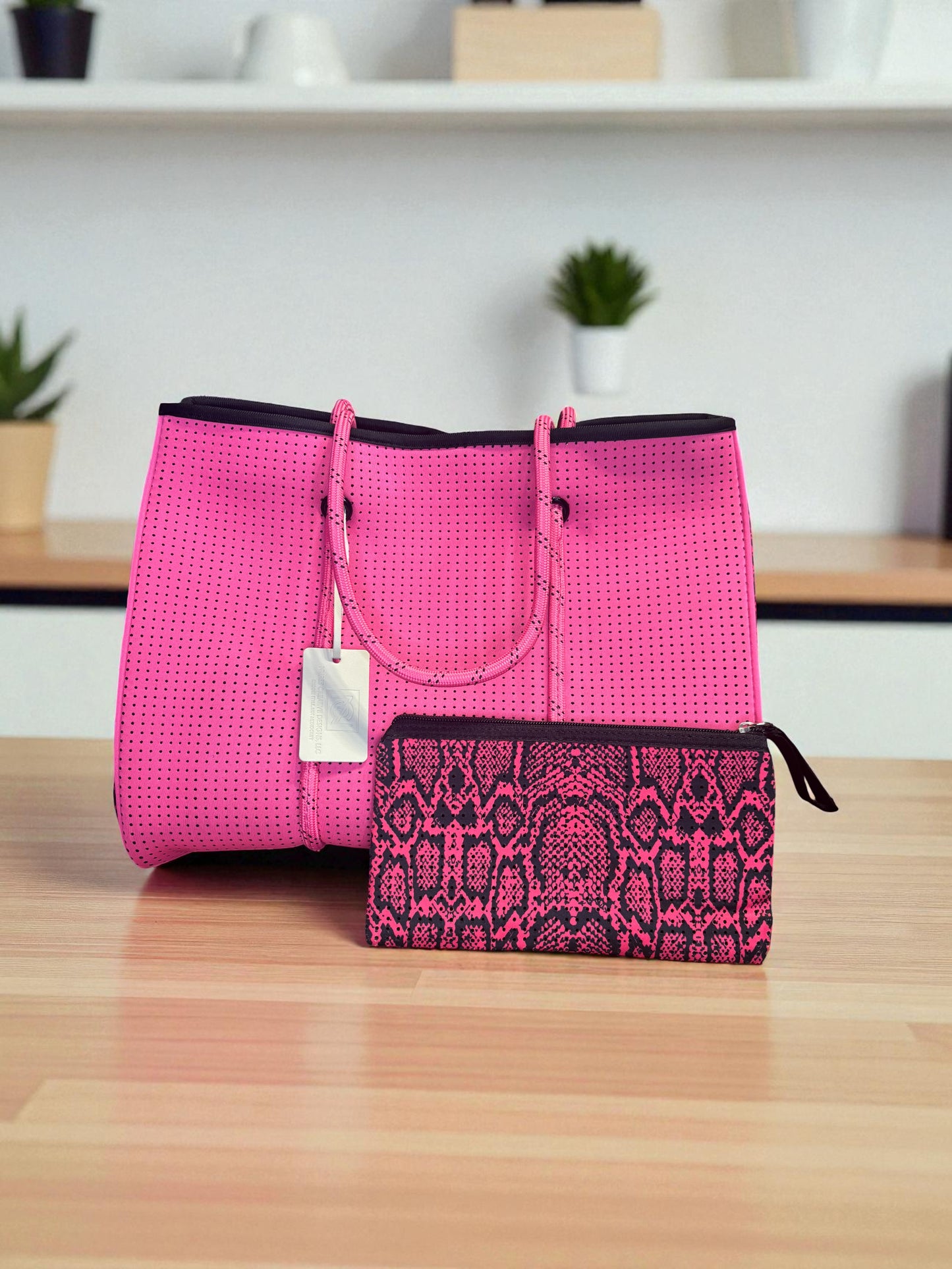 Neoprene Tote Bag: Hot Pink Snake Print Edition