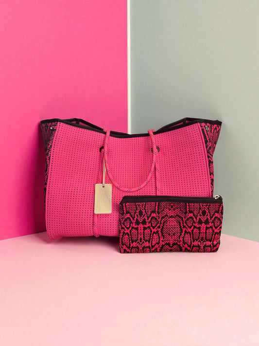 Neoprene Tote Bag: Hot Pink Snake Print Edition