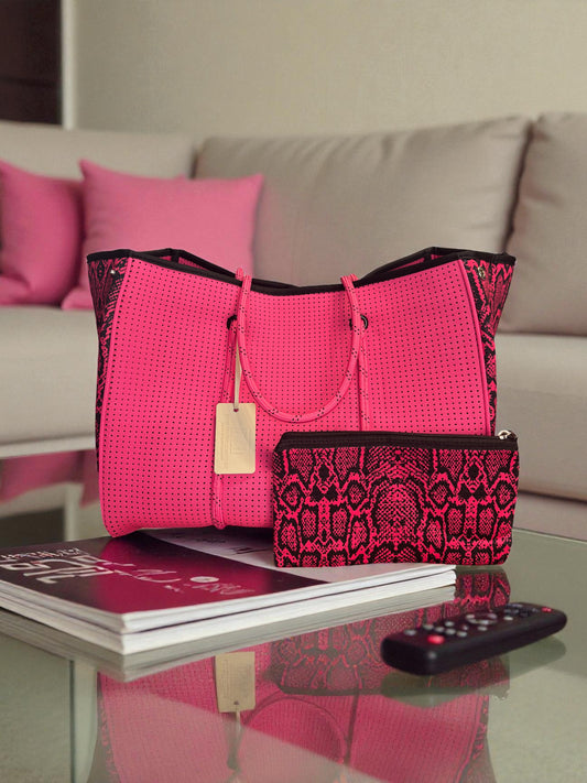 Neoprene Tote Bag: Hot Pink Snake Print Edition