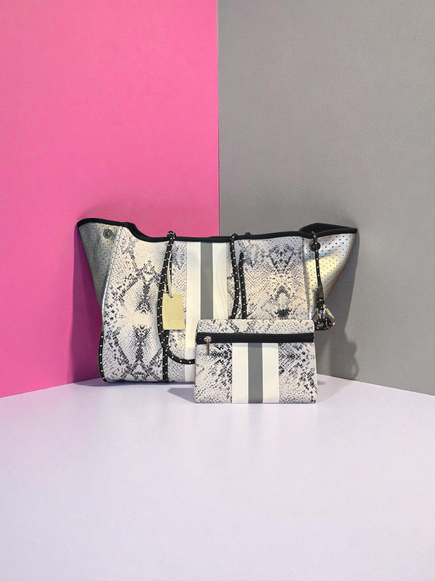 Neoprene Tote Bag: White and Gray Snakeskin