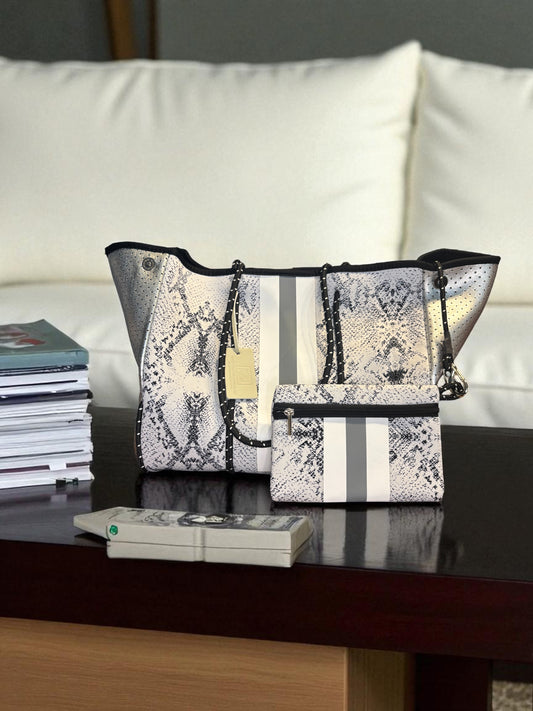 Neoprene Tote Bag: White and Gray Snakeskin
