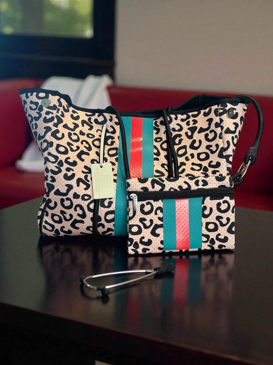 Neoprene Tote Bage: Leopard with Red and Green stripe