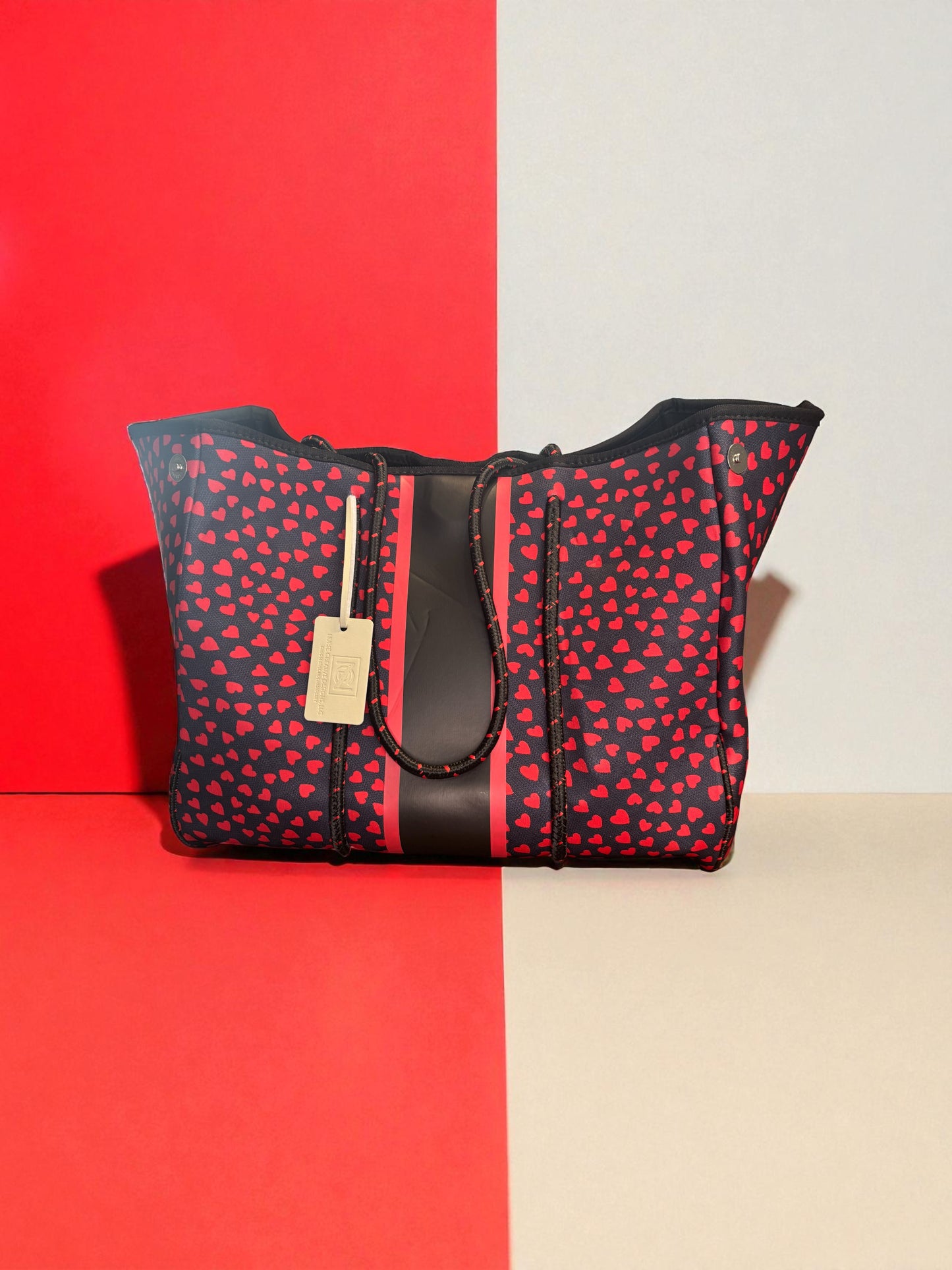 Neoprene Tote Bag: Red Hearts Tote
