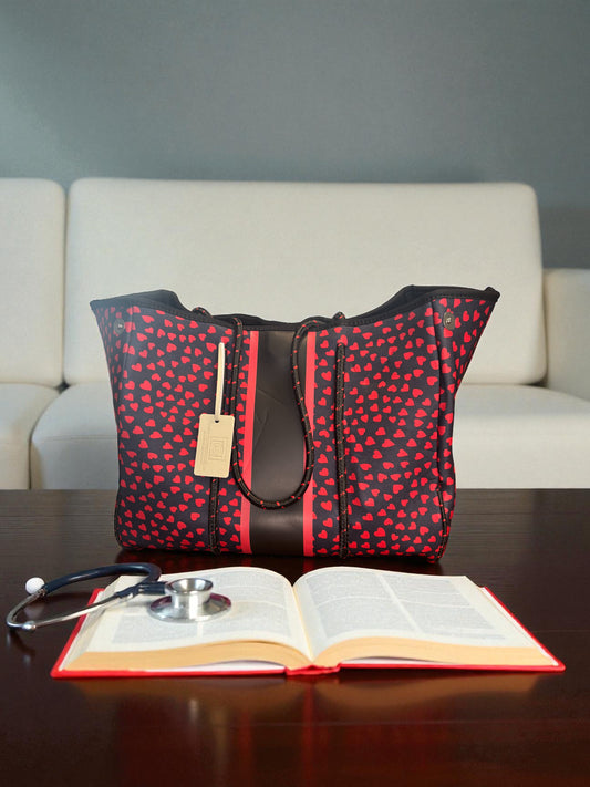 Neoprene Tote Bag: Red Hearts Tote