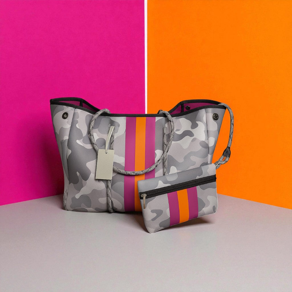 Neoprene Tote Bag: Cool-Toned Camo Print