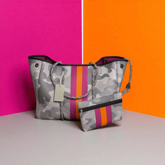 Neoprene Tote Bag: Cool-Toned Camo Print