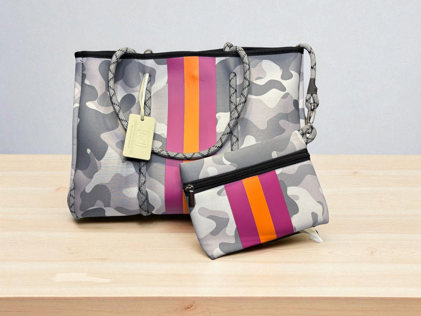 Neoprene Tote Bag: Cool-Toned Camo Print
