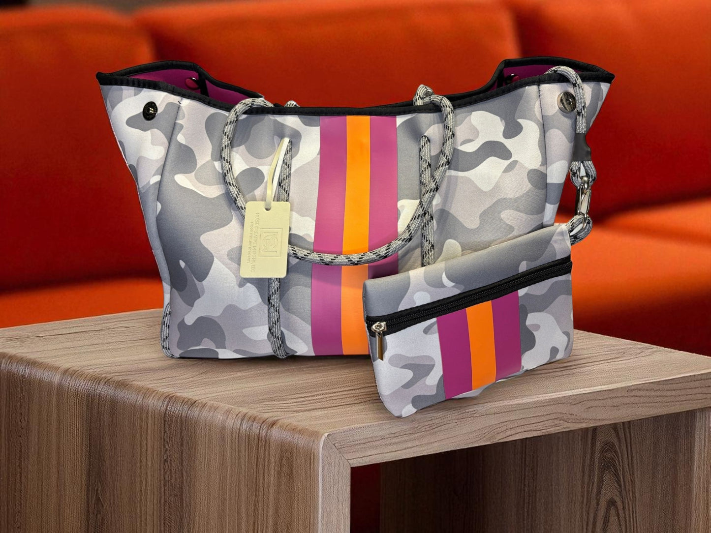Neoprene Tote Bag: Cool-Toned Camo Print