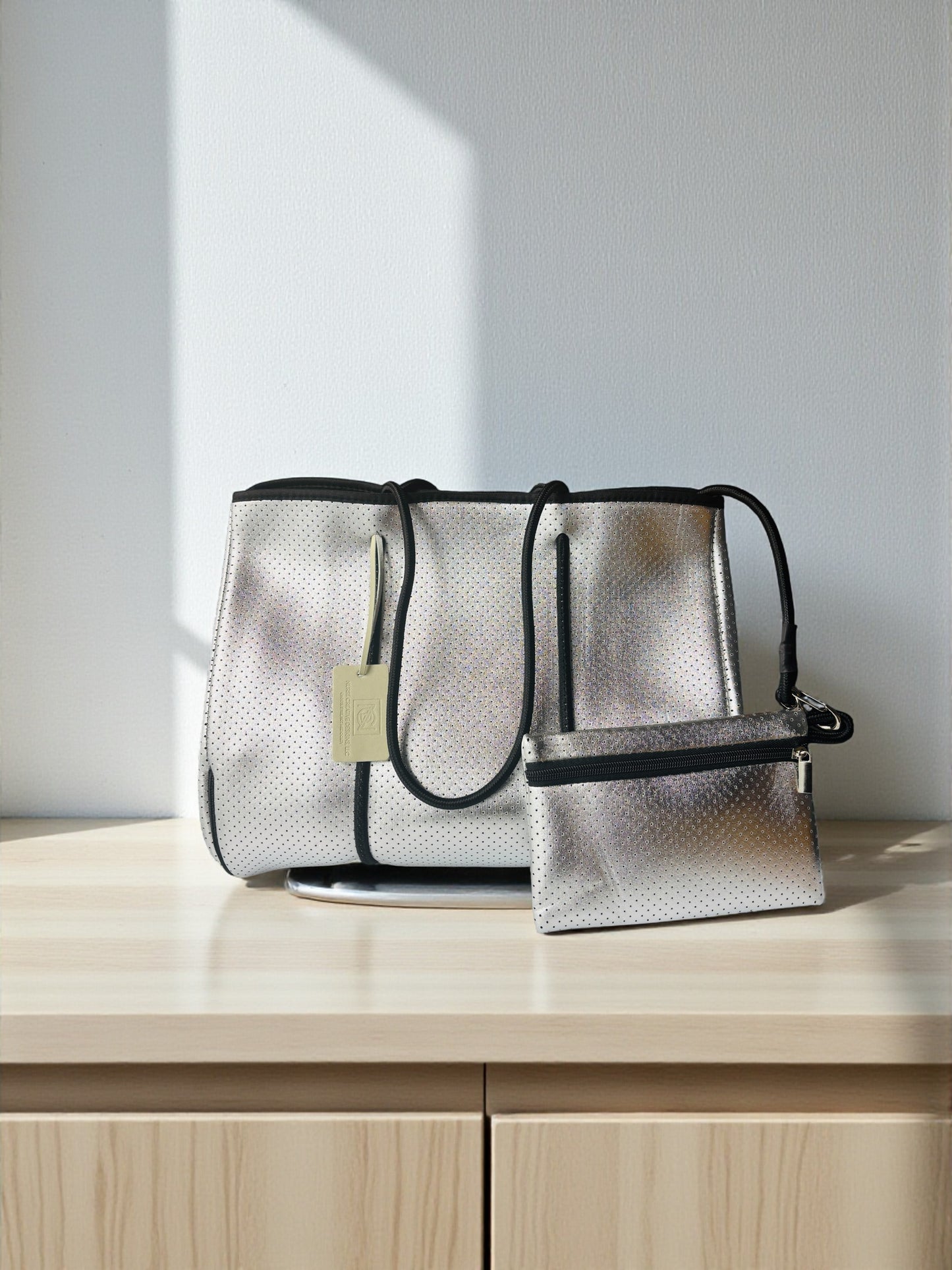 Neoprene Tote Bag: Chrome Silver