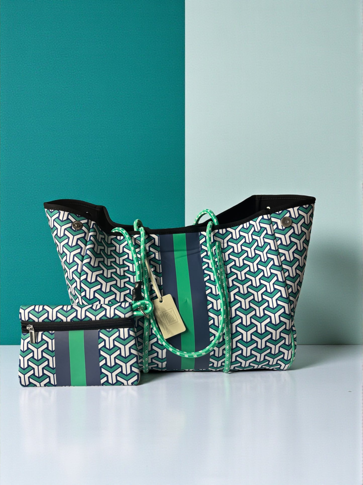 Neoprene Tote Bag: Teal & Navy Interlock