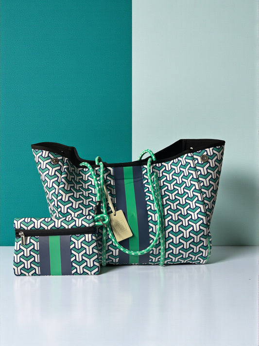 Neoprene Tote Bag: Teal & Navy Interlock