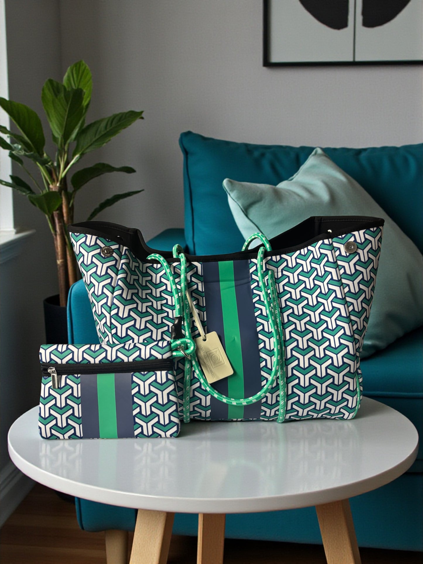 Neoprene Tote Bag: Teal & Navy Interlock
