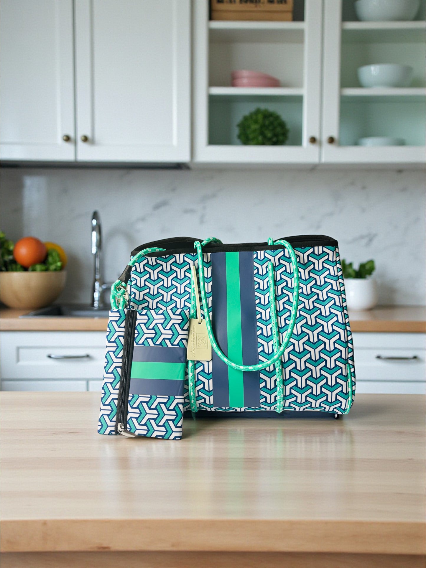 Neoprene Tote Bag: Teal & Navy Interlock